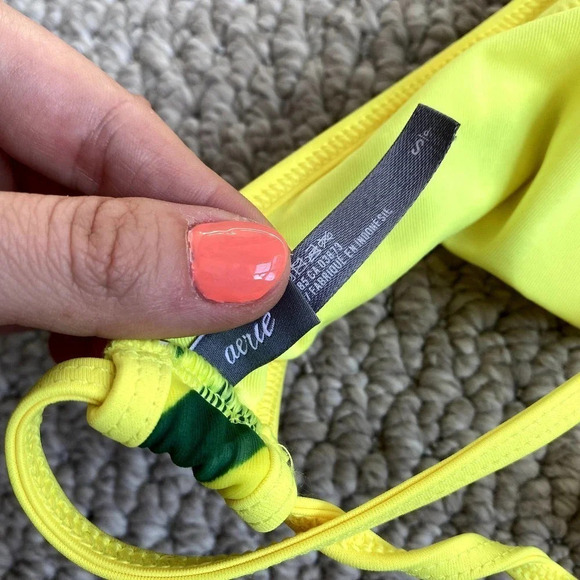 Aerie Neon Yellow Green Palm Tree High Neck Criss Cross Back Bikini Top - Picture 5 of 6